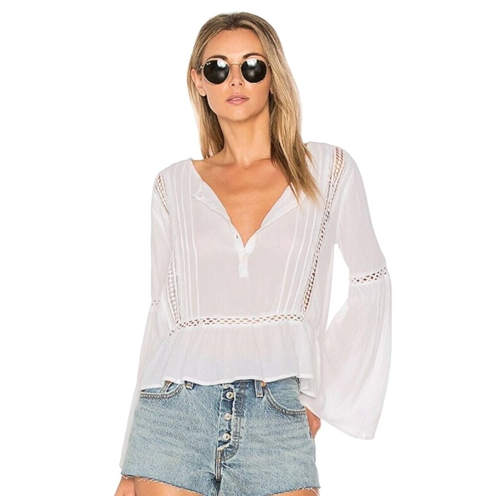 Amuse Society Zani Woven Blouse Women Sz M White Peasant Boho Beach Festival